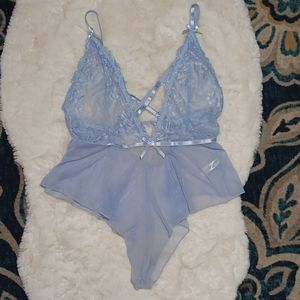 Real Lingerie sexy sheer lace & mesh bodysuit powder blue